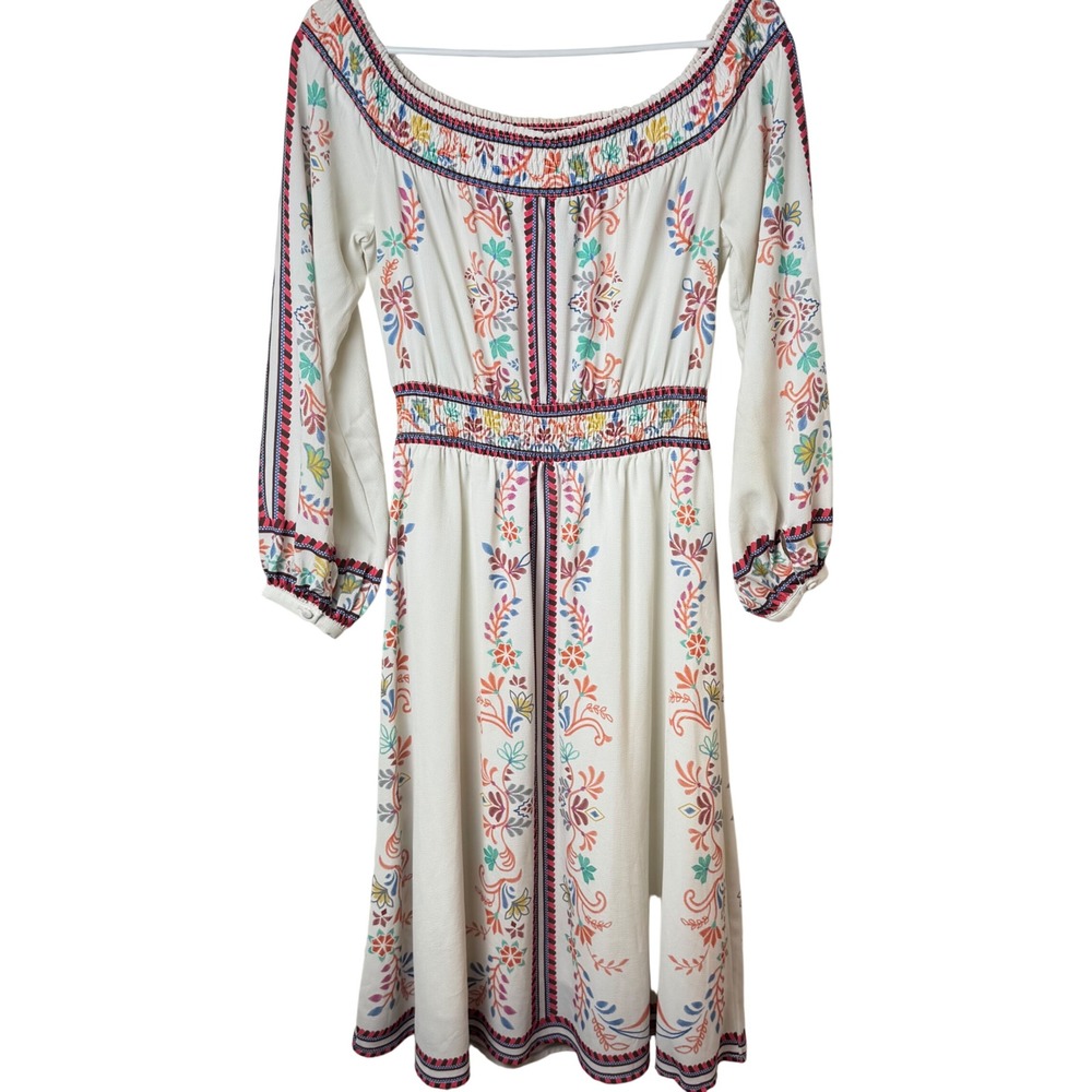 Champagne & Strawberry Midi Dress Women M White Floral Boho Smocked Off Shoulder